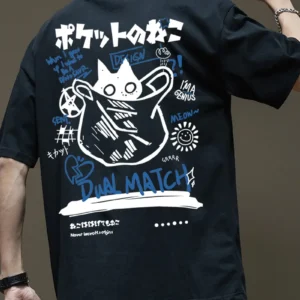 Oversized Japanese T-Shirt – "Pocket no Neko" Streetwear for Men & Women